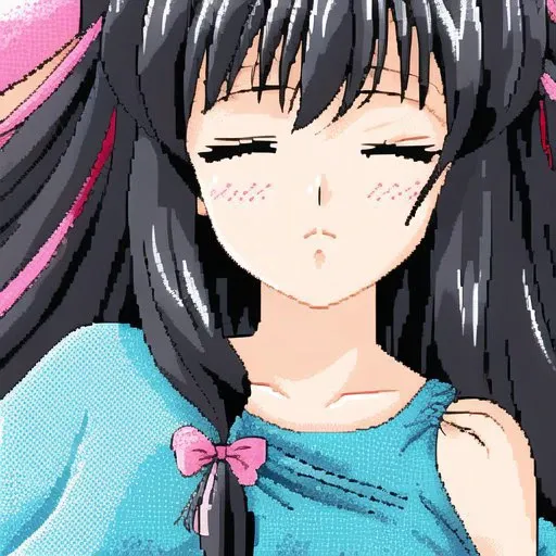 <lora:dithering2:1>, dithering, pixel art, halftone, pattern, 1girl, = =, ahoge, black hair, blanket, blush, closed eyes, couch, eyebrows visible through hair, hair between eyes, long hair, no mouth, pillow, sleeping, solo