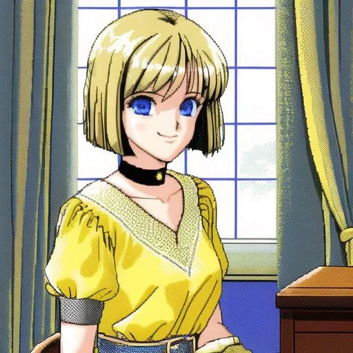 <lora:dithering2:1>, dithering,  pixel art,  halftone, pattern,  1girl, bed, belt, blonde hair, blue eyes, bob cut, choker, curtains, dress, elbow gloves, gloves, hair bun, indoors, leg hug, pantyhose, sheath, shoes, short hair, sitting, smile, solo, strap slip, sword, watermark, weapon, white legwear, yellow dress