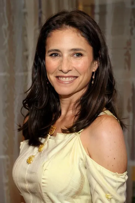 a Realistic portrait of a mimi rogers woman with brown eyes and long brown Hair style, looking at the viewer, detailed face, detailed eyes, (smiling showing teeth:1.1), perfect slim body, modelshoot style, hand on own shoulder, an evening dress with long sleeves, wearing gold earrings and jewelry, soft lighting, professional Photography, Photorealistic, detailed, standing in a dark Studio Room background, blurred background, RAW, analog, sharp focus, 8k, HD, DSLR, high quality, Fujifilm XT3, film grain, award winning, masterpiece
 <lora:mimi rogers v1.0:1>