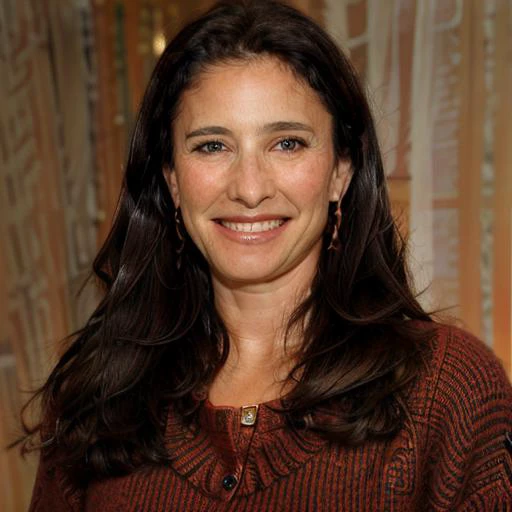 a Realistic portrait of a mimi rogers woman with brown eyes and long brown Hair style, looking at the viewer, detailed face, detailed eyes, (smiling showing teeth:1.1), perfect slim body, modelshoot style, hand on own shoulder, wearing a red sweater with long sleeves, wearing gold earrings and jewelry, soft lighting, professional Photography, Photorealistic, detailed, standing in a dark Studio Room background, blurred background, RAW, analog, sharp focus, 8k, HD, DSLR, high quality, Fujifilm XT3, film grain, award winning, masterpiece
 <lora:mimi rogers v1.0:1>