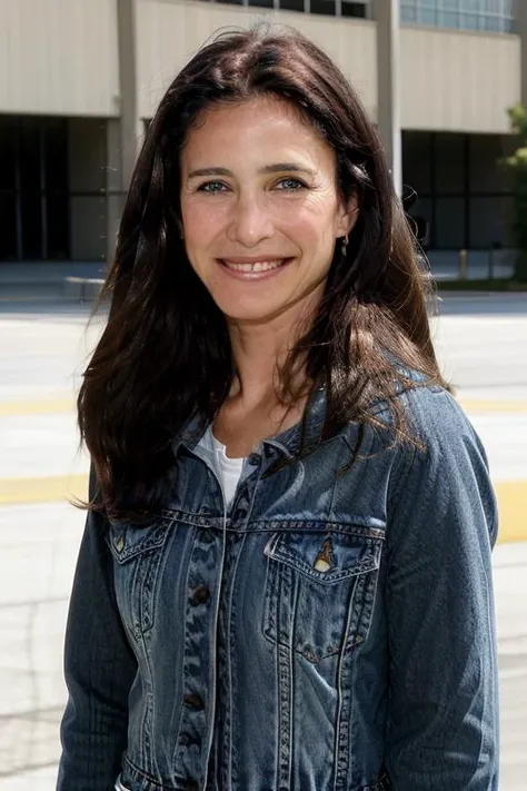a Realistic portrait of a mimi rogers woman with brown eyes and long brown Hair style, looking at the viewer, detailed face, detailed eyes, (smiling showing teeth:1.1), perfect slim body, modelshoot style, wearing a tee shirt and denim jacket, soft lighting, professional Photography, Photorealistic, detailed, standing in an airport background, RAW, analog, sharp focus, 8k, HD, DSLR, high quality, Fujifilm XT3, film grain, award winning, masterpiece
<lora:mimi rogers v1.0:1>