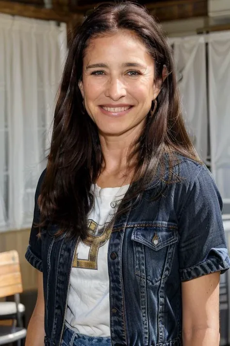 a Realistic portrait of a mimi rogers woman with brown eyes and long brown Hair style, looking at the viewer, detailed face, detailed eyes, (smiling showing teeth:1.1), perfect slim body, modelshoot style, wearing a tee shirt and denim jacket, soft lighting, professional Photography, Photorealistic, detailed, standing in an airport background, RAW, analog, sharp focus, 8k, HD, DSLR, high quality, Fujifilm XT3, film grain, award winning, masterpiece
<lora:mimi rogers v1.0:1>