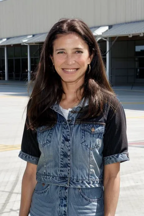 a Realistic portrait of a mimi rogers woman with brown eyes and long brown Hair style, looking at the viewer, detailed face, detailed eyes, (smiling showing teeth:1.1), perfect slim body, modelshoot style, wearing a tee shirt and denim jacket, soft lighting, professional Photography, Photorealistic, detailed, standing in an airport background, RAW, analog, sharp focus, 8k, HD, DSLR, high quality, Fujifilm XT3, film grain, award winning, masterpiece
 <lora:mimi rogers v1.0:1>