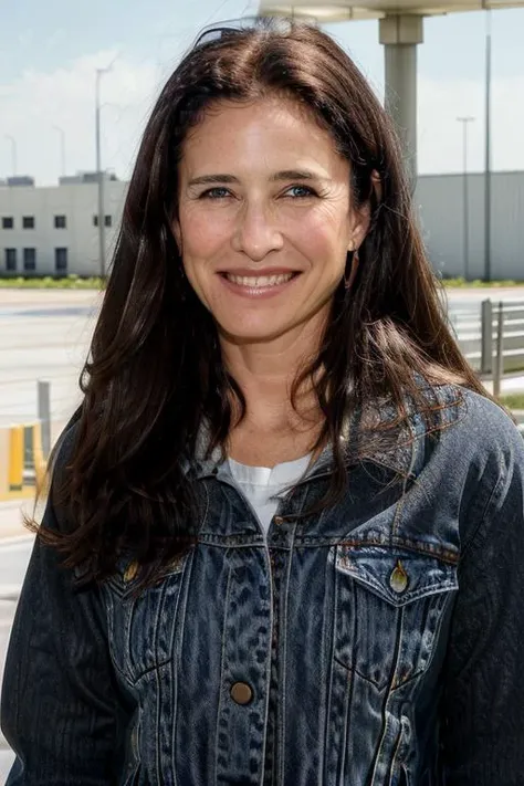 a Realistic portrait of a mimi rogers woman with brown eyes and long brown Hair style, looking at the viewer, detailed face, detailed eyes, (smiling showing teeth:1.1), perfect slim body, modelshoot style, wearing a tee shirt and denim jacket, soft lighting, professional Photography, Photorealistic, detailed, standing in an airport background, RAW, analog, sharp focus, 8k, HD, DSLR, high quality, Fujifilm XT3, film grain, award winning, masterpiece
 <lora:mimi rogers v1.0:1>