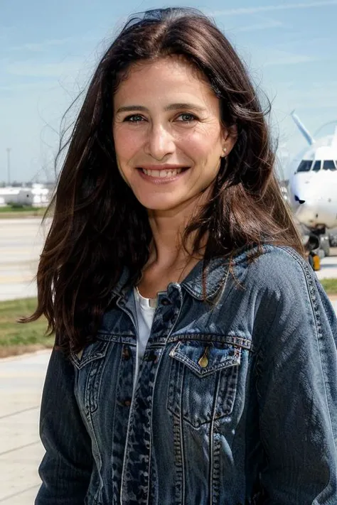 a Realistic portrait of a mimi rogers woman with brown eyes and long brown Hair style, looking at the viewer, detailed face, detailed eyes, (smiling showing teeth:1.1), perfect slim body, modelshoot style, wearing a tee shirt and denim jacket, soft lighting, professional Photography, Photorealistic, detailed, standing in an airport background, RAW, analog, sharp focus, 8k, HD, DSLR, high quality, Fujifilm XT3, film grain, award winning, masterpiece
<lora:mimi rogers v1.0:1>