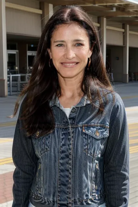 a Realistic portrait of a mimi rogers woman with brown eyes and long brown Hair style, looking at the viewer, detailed face, detailed eyes, (smiling showing teeth:1.1), perfect slim body, modelshoot style, wearing a tee shirt and denim jacket, soft lighting, professional Photography, Photorealistic, detailed, standing in an airport background, RAW, analog, sharp focus, 8k, HD, DSLR, high quality, Fujifilm XT3, film grain, award winning, masterpiece
 <lora:mimi rogers v1.0:1>