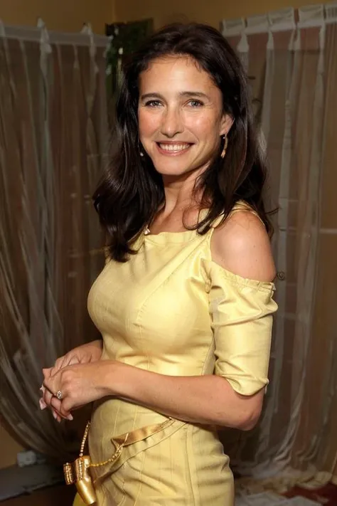 a Realistic portrait of a mimi rogers woman with brown eyes and long brown Hair style, looking at the viewer, detailed face, detailed eyes, (smiling showing teeth:1.1), perfect slim body, modelshoot style, hand on own shoulder, an evening dress with long sleeves, wearing gold earrings and jewelry, soft lighting, professional Photography, Photorealistic, detailed, standing in a dark Studio Room background, blurred background, RAW, analog, sharp focus, 8k, HD, DSLR, high quality, Fujifilm XT3, film grain, award winning, masterpiece
<lora:mimi rogers v1.0:1>