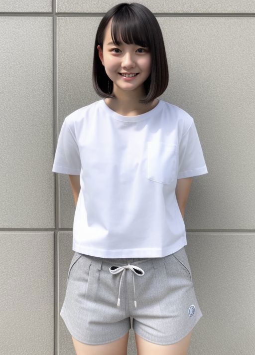 A woman standing in front of a wall wearing a white shirt and grey ...