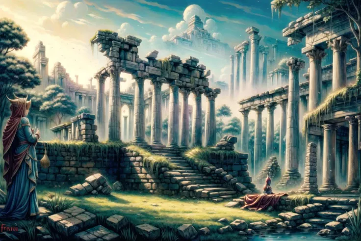 <lora:FantasyRuins:0.8> FanRu, magical fantasy world, ruins, overgrown, temple, columns, elf girl statue, best quality, masterpiece, <lora:more_details:0.65>