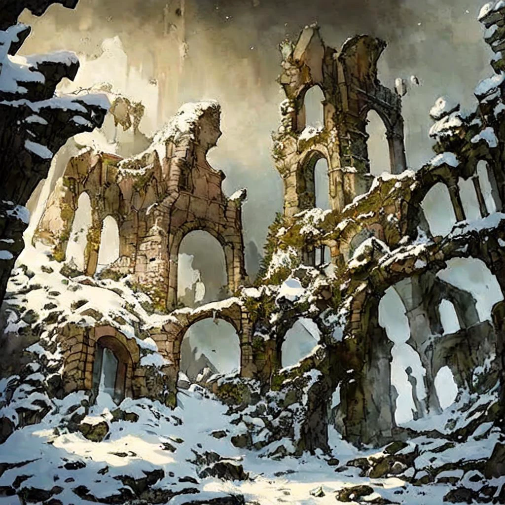 landscape, ruins, one tower, only one, snow, landscape snow, falling, people in front of, little people, people outside of tower, sand, seen from afar, tower only <lora:FantasyRuins:1>