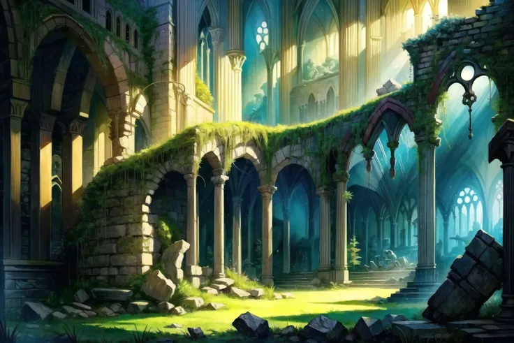 <lora:FantasyRuins:0.8> FanRu, magical fantasy world, ruins, overgrown, church, statues, best quality, masterpiece, <lora:more_details:0.65>
