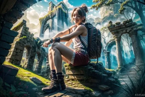 <lora:FantasyRuins:0.8> FanRu, magical fantasy world, ruins, overgrown, explorer, backpack, looking around in amazement, astonished, hiking, shorts, thermus, smile, best quality, masterpiece, <lora:more_details:0.65>, 1girl, solo