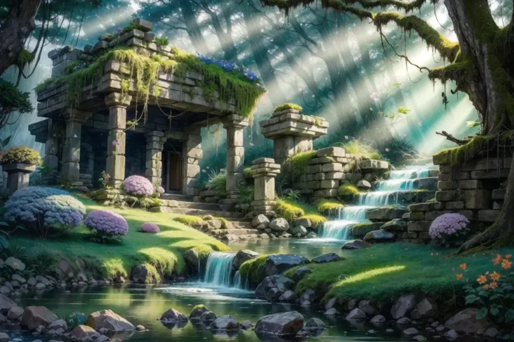 <lora:FantasyRuins:0.8> FanRu, sinister fantasy world, ruins, overgrown, best quality, masterpiece, <lora:more_details:0.65>, <lora:goblin_datasets_pruned:1> goblin girl, fewer digits, <lora:unexptits_v15:-0.3> large breasts, great legs, short, green skin, long flowing hair, white hair:1.6, yellow eyes, <lora:short stack3:1> shortstacks, (wearing shimmering ethereal dress with floral embroidery, flower crown ):2, wild unkempt hair, bone hair accessories , serene enchanted forest, tall trees, dappled sunlight, moss-covered rocks, small stream, wildflowers