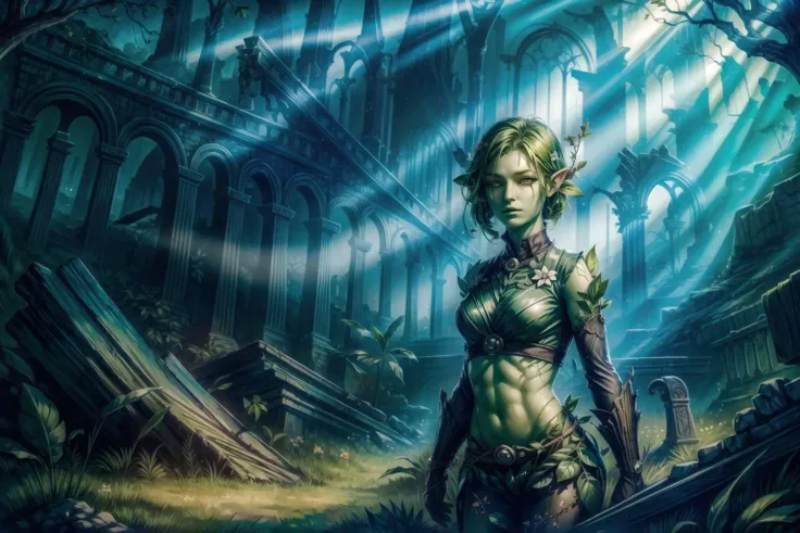 <lora:FantasyRuins:0.8> FanRu, sinister fantasy world, ruins, overgrown,  <lora:dryad:1> dryad, green skin, plant girl, looking at viewer, best quality, masterpiece, <lora:more_details:0.65>, 1girl, solo