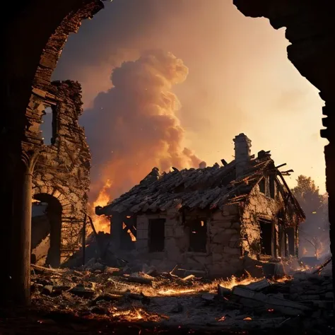 (masterpiece:1.2), (best quality,:1.2), 8k, HDR, ultra detailed, ((photorealistic)), professional light, cinematic lighting, fashion photography, ambient lighting,<lora:detail_slider_v4:3>, ruins of a burned village, FanRu <lora:FantasyRuins-10:0.7>, ((perfect hands)), epiCPhoto