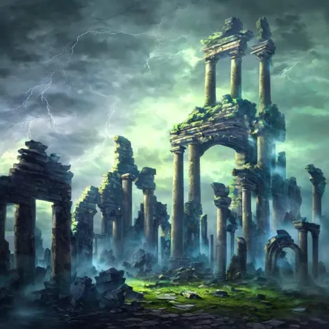 <lora:FantasyRuins:1> fanru, ruins of a castle in a thunderstorm