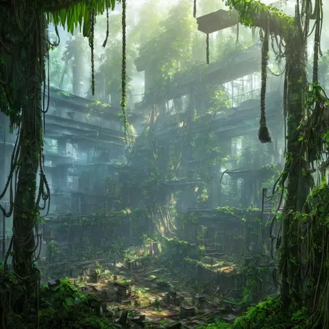 <lora:FantasyRuins:0.8> fanru, shipyard, ruins of a factory, jungle