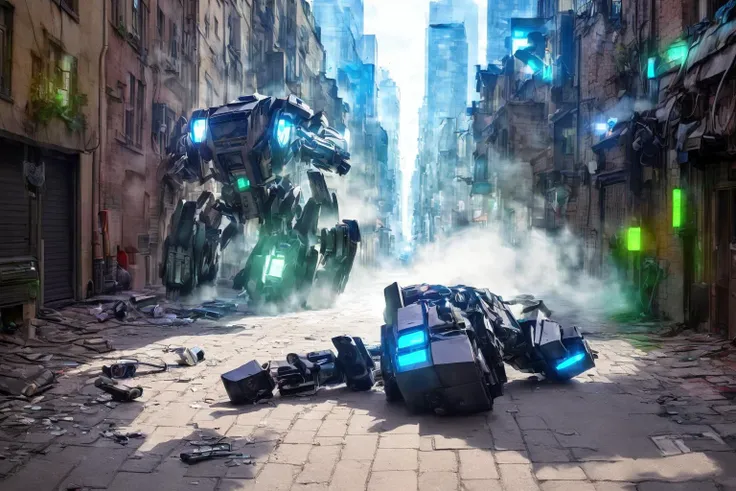 <lora:FantasyRuins:1> fanru, Transformer lying on its back in a city street