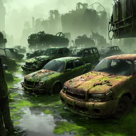 <lora:FantasyRuins:0.8> fanru, scrapyard, rusting cars, swamp