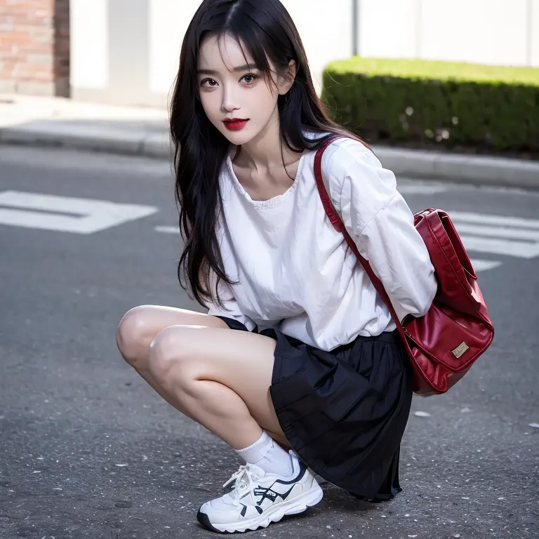 <lora:ying:1>,yingHead,yingBody, 1girl, solo, v, bag, black hair, , long hair, , skirt, jacket, shoulder bag, looking at viewer, socks, coat, sneakers, long sleeves, full body, squatting, shoes, white socks, closed mouth, red lips, smile, open clothes, sleeves past wrists, buttons, black skirt, lips, makeup, best quality, ultra high res, (photorealistic:1.4),