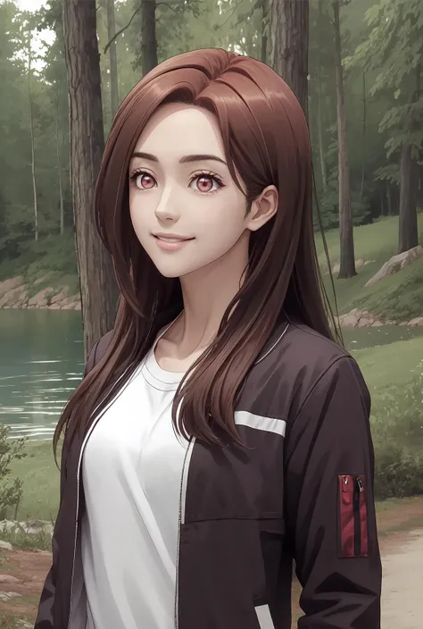 (best quality), (masterpiece), izumi_tachibana, long hair, jacket, white shirt, smiling, lake, forest, <lora:izumi_tachibana:1>