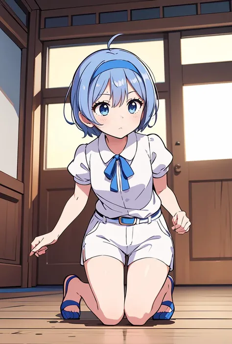 (masterpiece, best quality), 1girl, <lora:SuzukiTsudumi_V01:0.8> 1girl, SuzukiTsudumi, blue eyes, white shirt, blue ribbon:1.2, puffy short sleeves, white shorts:1.2, puffy sleeves, short sleeves, blue footwear:1.2, blue belt:1.2, ahoge:0.1, hairband, blue hair, short hair,