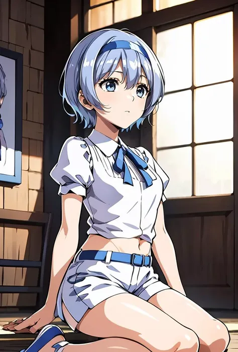 (masterpiece, best quality), 1girl, <lora:SuzukiTsudumi_V01:0.8> 1girl, SuzukiTsudumi, blue eyes, white shirt, blue ribbon:1.2, puffy short sleeves, white shorts:1.2, puffy sleeves, short sleeves, blue footwear:1.2, blue belt:1.2, ahoge:0.1, hairband, blue hair, short hair,
