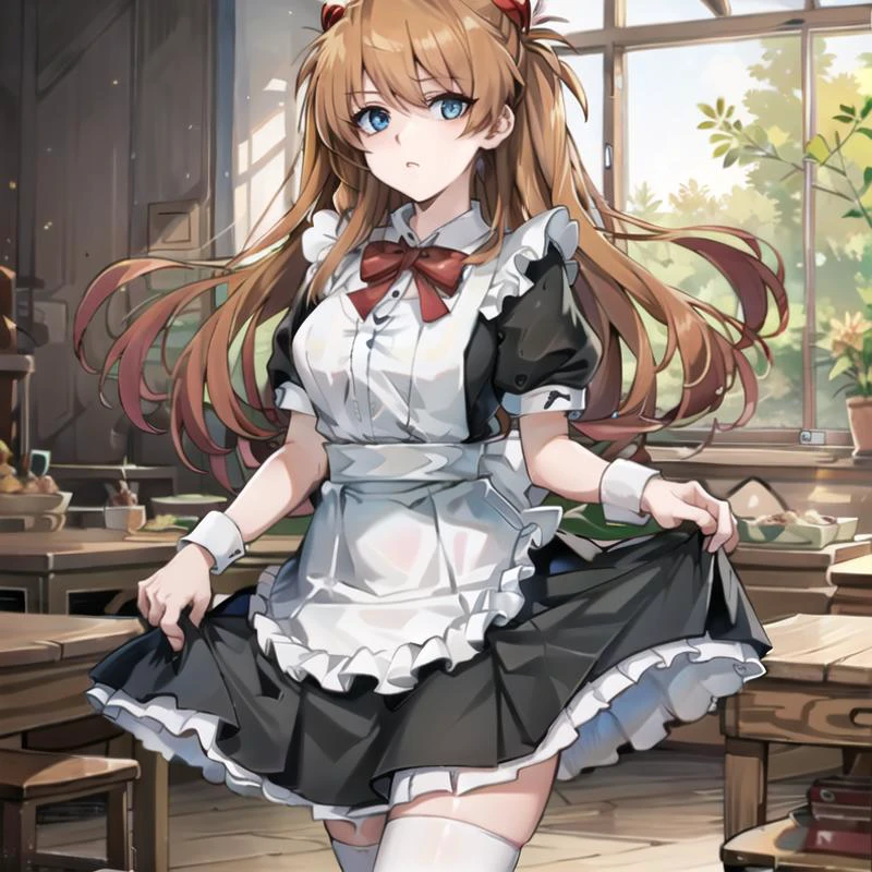 extremely detailed CG, high resolution, absurdres, (highres), best quality, masterpiece, extremely detailed character, (ultra-detailed), (best illustration),(best shadow), (sharp eyeliner, eyeshadow, detailed eyes:1.1), (game cg), souryuu asuka langley, tokyo-3__school_uniform, red ribbon, white_socks, mary_janes, Maid_Dress, :<, holding tray, <lora:asukaLangleySohryu_v9:0.8> <lora:maidDressLORA_v10:0.6>