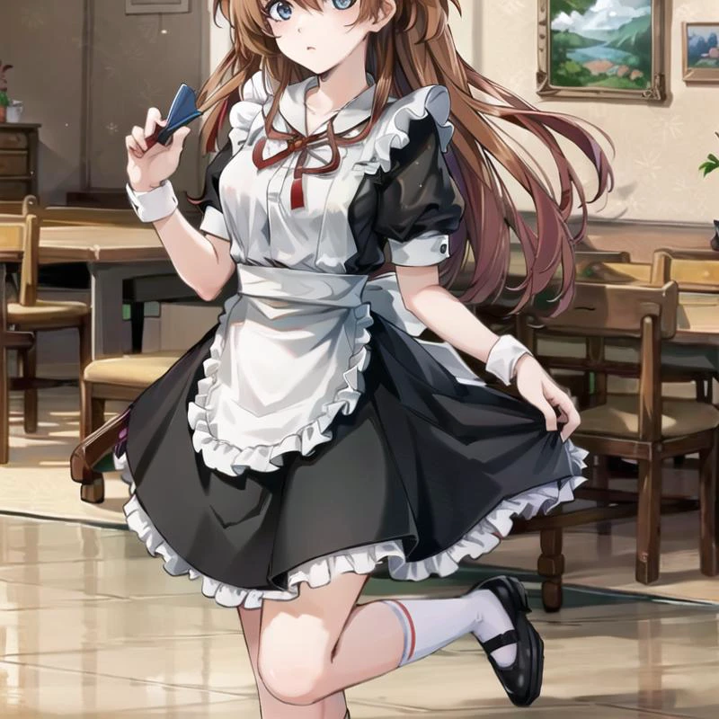 extremely detailed CG, high resolution, absurdres, (highres), best quality, masterpiece, extremely detailed character, (ultra-detailed), (best illustration),(best shadow), (sharp eyeliner, eyeshadow, detailed eyes:1.1), (game cg), souryuu asuka langley, tokyo-3__school_uniform, red ribbon, white_socks, mary_janes, Maid_Dress, :<, <lora:asukaLangleySohryu_v9:0.8> <lora:maidDressLORA_v10:0.6>