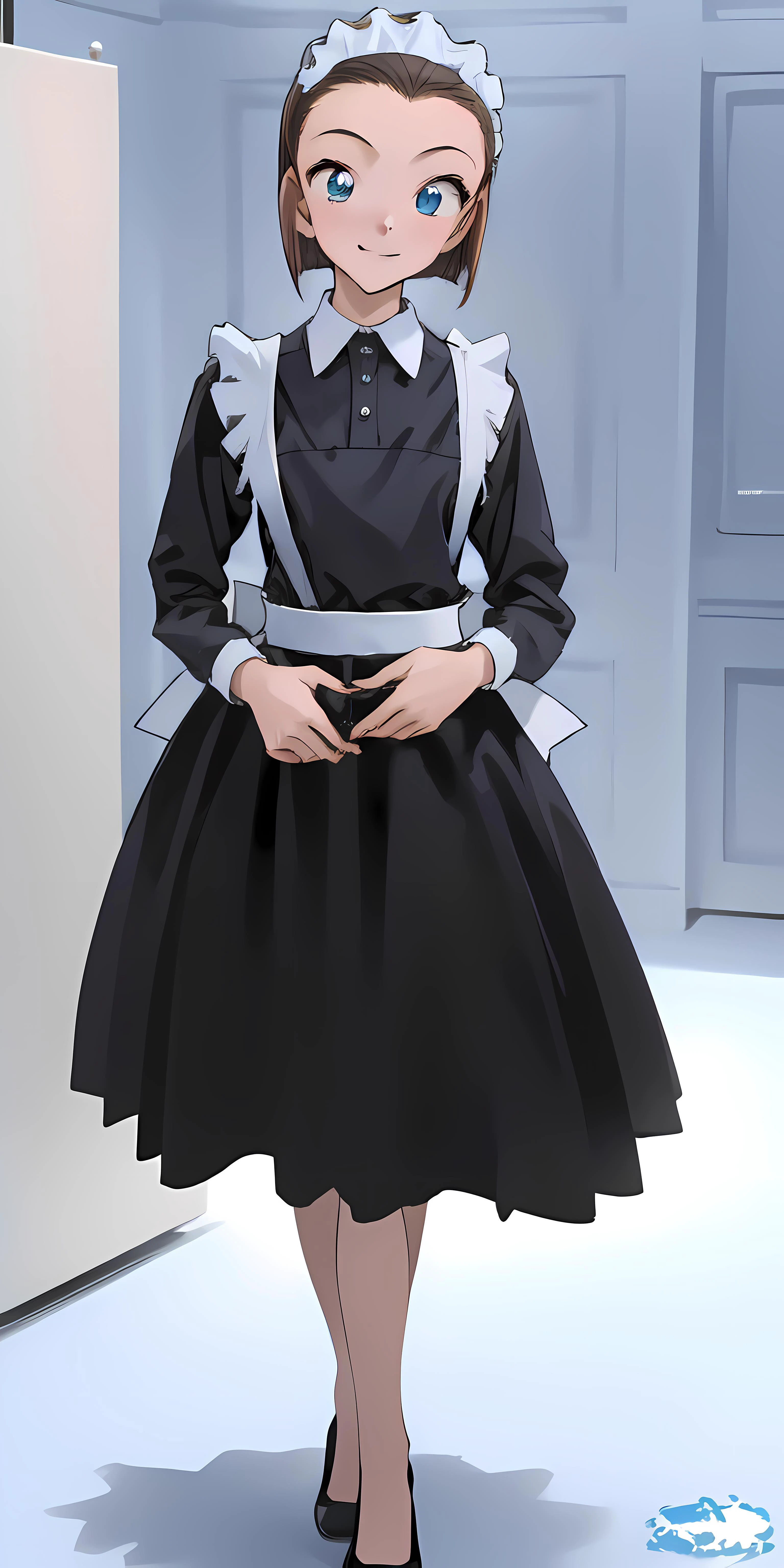 masterpiece, best quality, high resolution, high detailed eye, sonoko, (distinct_image), ((1girl, solo)), blue eyes, screencap, brown hair, short hair, <lora:sonoko-22:0.7>, smile, hair band, <lyco:GoodHands-beta2:1>, full body, standing, , detailed background, pretty eyes, forehead, symmetrical eyes, <lora:TraditionalMaid:1>, maid dress, maid