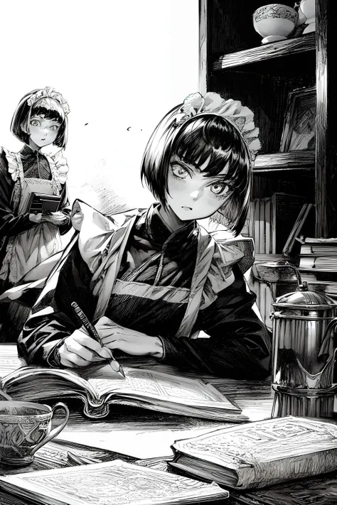 masterpiece, <lora:TraditionalMaid:0.8>, traditional maid, <lora:otoyomegatari:1>, otoyomegatari, 1girl, solo, greyscale, monochrome, halftone, drawing, manga,
european style, British style, eyeforcus, bob cut, <lora:add_detail:1.8> ,face focus, bust shot, many book shelf, study room, teacup, front view, lying,
