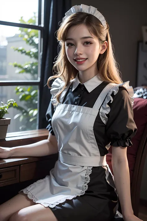(masterpiece), best quality, ultra high res, close up, sitting, slim body, 1girl, long blonde hair, laughing, photon mapping, radiosity, physically-based rendering, cinematic lighting, intricate, High Detail, Sharp focus, dramatic, photorealistic, <lora:TraditionalMaid:.4>, (traditional maid)