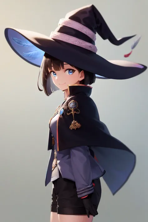 masterpiece, best quality, highres, 1girl saya bob cut blue eyes, witch hat blue hat feather, capelet robe shorts <lora:saya2:1> photorealistic, standing, (from side:1.4), smile, looking at viewer