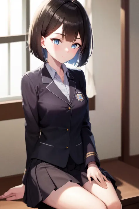 masterpiece, best quality, highres, 1girl saya bob cut blue eyes, school uniform, skirt <lora:saya2:1> sitting, hand between legs