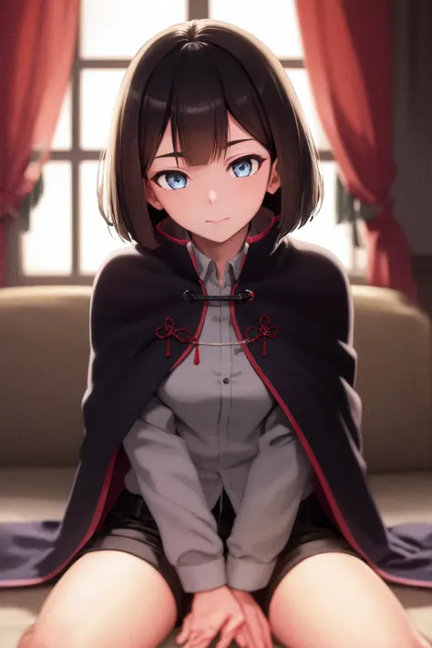 masterpiece, best quality, highres, 1girl saya bob cut blue eyes, capelet robe shorts <lora:saya2:1> (photorealistic:1.0), sitting, hand between legs