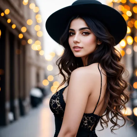 (8k, best quality, masterpiece:1.2),(best quality:1.0), (ultra highres:1.0), an young beautiful persian woman with hair and , by agnes cecile, full body portrait, extremely luminous bright design, (ink:1.3), autumn lights, titts , very big black hat, Cleavage, Lace dress