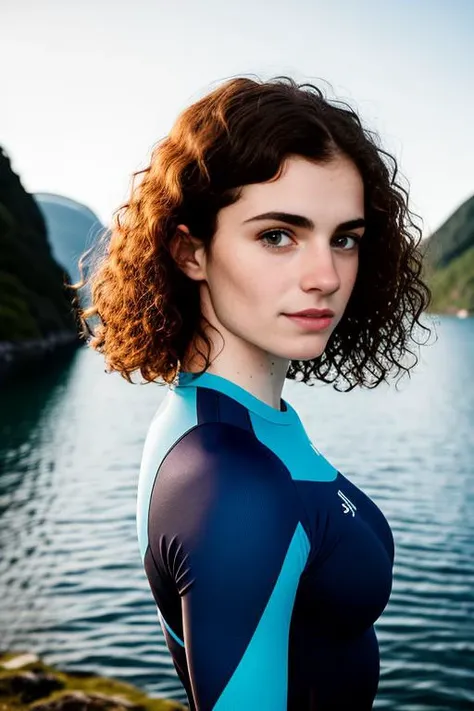 a portrait photo of jane_noexist with long curly hair in a side parting, (freckles:0.9), wearing a tight-fitting women's cycling shirt, standing by a Fjord in Sweden, (embarrassed:1.2), shallow depth of field, backlit