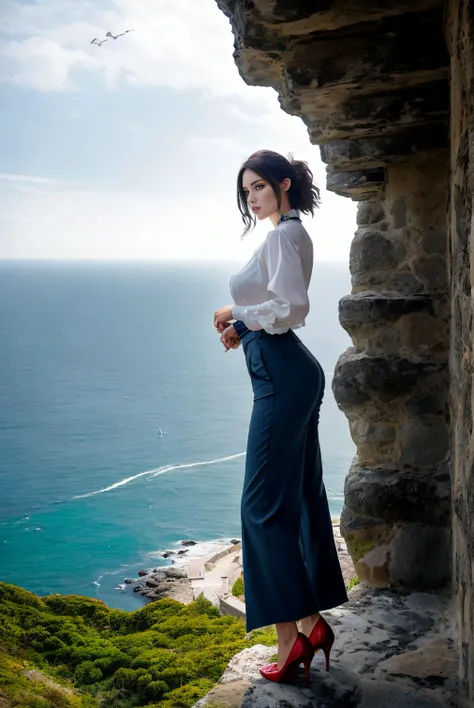 masterpiece, best quality, ultra-detailed, illustration, 1girl, solo, full shot, from side, grand ancient castle perched on a cliff overlooking a vast ocean, towering walls, imposing gates, wide-leg pants, blouse, multicolored layered bob, melancholy, medium breasts