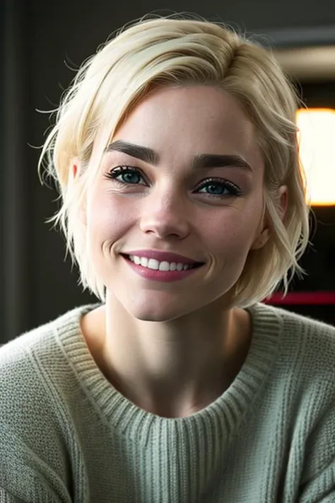 an extreme closeup movie still, directed by Denis Villeneuve, of eliselastnamesd15, alternative rock style, short blonde hair in a center parting, e-girl makeup, grunge aesthetic, (no makeup:1.2), emo girl, punk rock, wearing an oversized sweater, sleepy, tired eyes, (subtle smile:1.3)