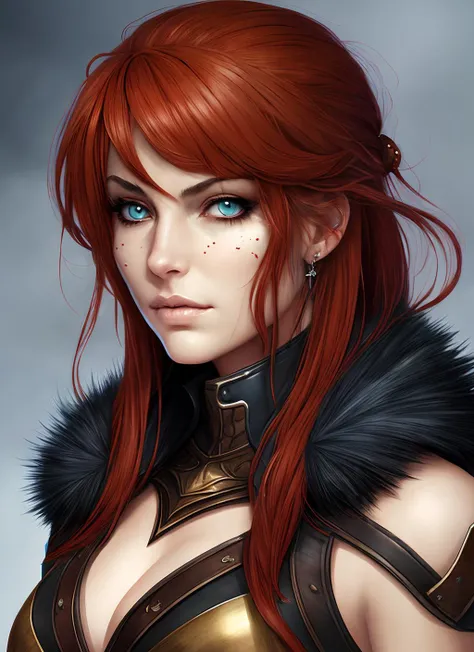1girl,Norse, fur ,mature female , eyeliner, red hair, fantasy (masterpiece, high quality:1.2)