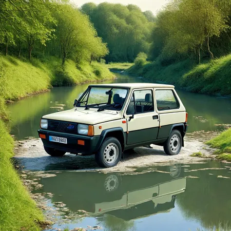 a Fiat Panda crossing a small river, extremely detailed, detailed background