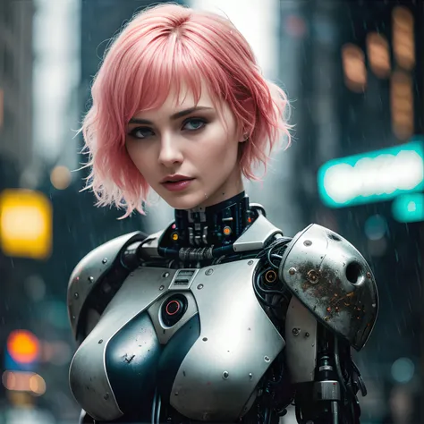 (ultra high res,photorealistic,realistic,best quality,photo-realistic), (8k, raw photo, best quality, masterpiece), technological sense, best quality, masterpiece, illustration,CG ,unity ,wallpaper, official art, Amazing, finely detail, an extremely delicate and beautiful,extremely detailed, highly detailed, sharp focus,rich background, (real person,photograph), ((high detailed skin)), ((Cyberpunk,Future City,Night,Rainstorm)),Neon, Display Screen, Advertising, (((Mechanical arm,Lots of robot debris and mechanical parts, wires, waste))), 1 girl,full body,serioys,honorable,cold,grim,elegantHaughty,((armoured,machinery,Tight combat uniform)), (Wet clothes, Wet face, Wet skin, Wet hair)),(short hair,pink hair,thick bangs),((small breasts,Very thin)), (Mottled light and shadow,depeh of field,cool light),(Dindal effect:1.5),