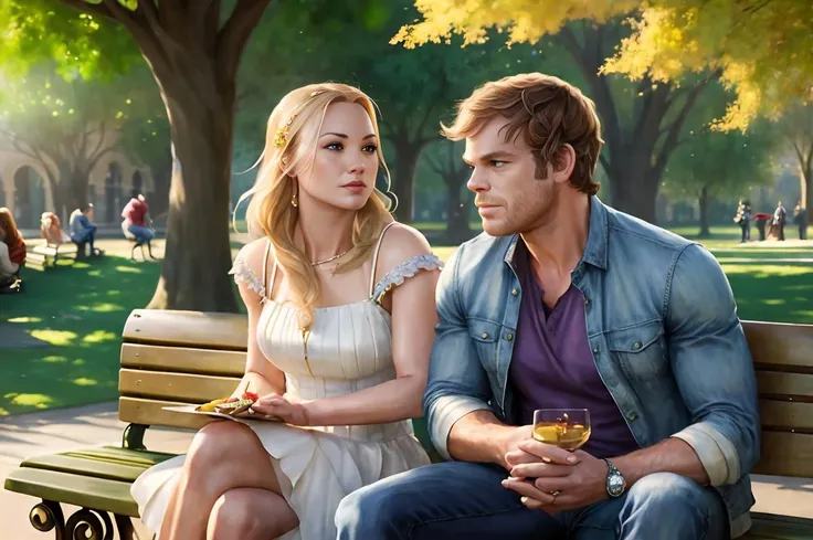 realistic photo of (yv0nn3) with beautiful blonde hair and (beautiful eyes) wearing a (sundress) sitting on a bench in the park with a man, (detailed facial features), (realistic)
AND realistic photo of (MCHasDex), handsome man with nice clothes sitting on a bench in a park with a woman, (detailed facial features), (detailed eyes)
AND Masterpiece, Highest Quality, 4k, Ultra realistic, highly detailed, (by Artist Artgerm:1.2),(by Artist Anna Dittman:1.2),(by Artist Karol Bak:1.2), ((2 people sitting on a bench in a park together))