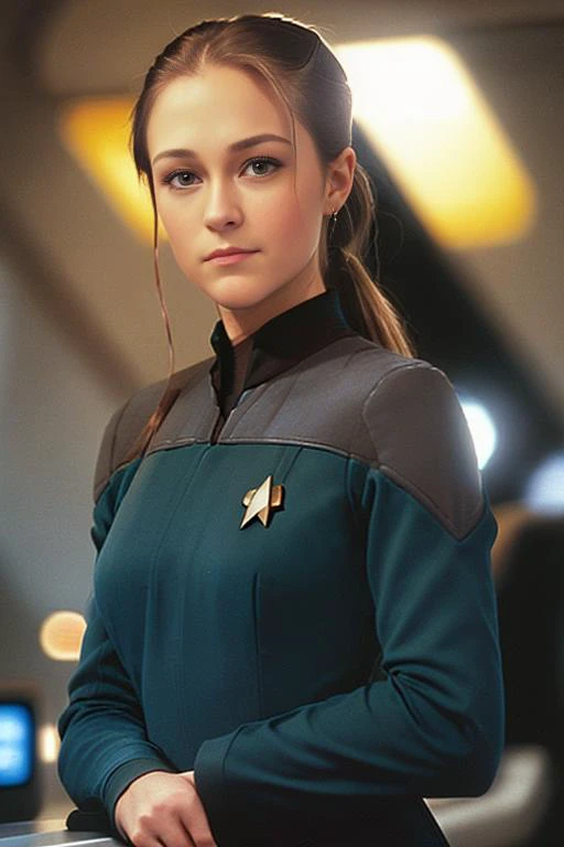 (three quarters portrait of MarileeSD15b wearing a wearing a blue strtrk uniform), on a futuristic star trek ship standing at a control panel, extremely blurry background, background out of focus, shy smile, shot from the front, ((holding a broadsword)), natural skin texture, 24mm, 4k textures, adobe lightroom, photolab, elegant, highly detailed, sharp focus, bright even lighting, soothing tones, insane details, intricate details, hyperdetailed, exposure blend, (looking directly into camera), eye contact, lens flares:1.5, <lora:starTrekUniforms_v1:1.4>, body facing directly at camera, straight on shot, (blue strtrk uniform), dark blonde hair, shoulders squared to camera