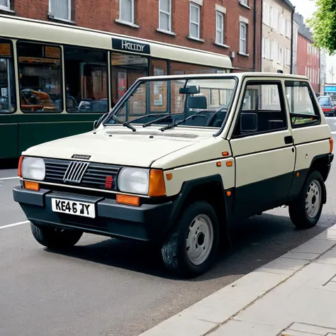 a Fiat Panda on a busy city road, extremely detailed, detailed background