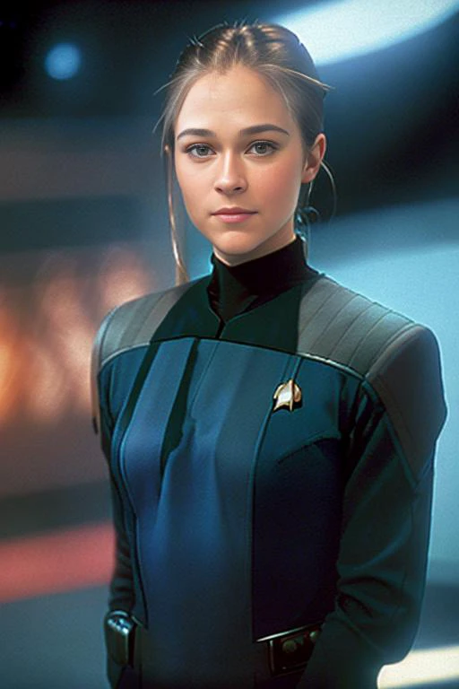 (three quarters portrait of MarileeSD15b wearing a wearing a blue strtrk uniform), on a futuristic star trek ship standing at a control panel, extremely blurry background, background out of focus, shy smile, shot from the front, ((holding a broadsword)), natural skin texture, 24mm, 4k textures, adobe lightroom, photolab, elegant, highly detailed, sharp focus, bright even lighting, soothing tones, insane details, intricate details, hyperdetailed, exposure blend, (looking directly into camera), eye contact, lens flares:1.5, <lora:starTrekUniforms_v1:1.4>, body facing directly at camera, straight on shot, (blue strtrk uniform), dark blonde hair, shoulders squared to camera