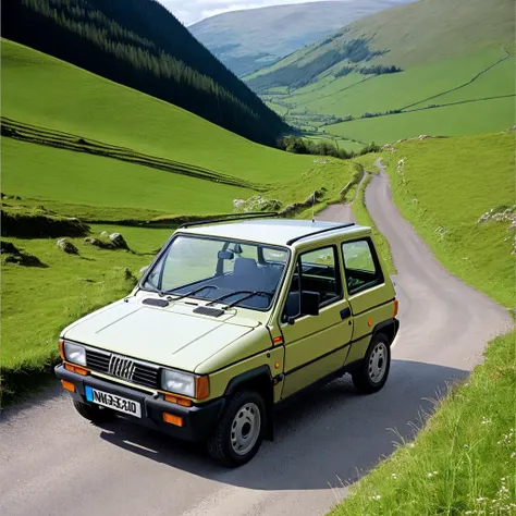 a Fiat Panda on a twisty mountain road, extremely detailed, detailed background