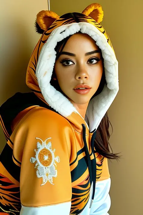 SFW portrait of wonderful women izzycka, <lora:hoodiesLoraVersion_v10:0.765>, hoodie, Chinese style, intricate tiger print and embroidery, wearing hoodie, looking_at_viewer, solo, masterpiece, highly detailed 8k character concept