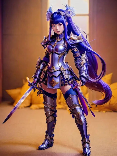 War_Glam:1.2, Fan_Bingbing, rurinobodysd15, <lora:paintedMiniature_v30:0.7> pmini style, on a stand, attack pose with magical katana, intricate detailed {__zaq/ArmorColor__} armor, boots, helmet, gauntlets, bushido_fantasy, awesome, sharp focus <lora:artisticEasternFantasy_v10:1>