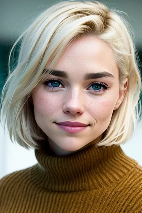 an extreme closeup movie still, directed by Denis Villeneuve, of eliselastnamesd15, alternative rock style, short blonde hair in a center parting, e-girl makeup, grunge aesthetic, (no makeup:1.2), emo girl, punk rock, wearing an oversized sweater, sleepy, tired eyes, (subtle smile:1.3)